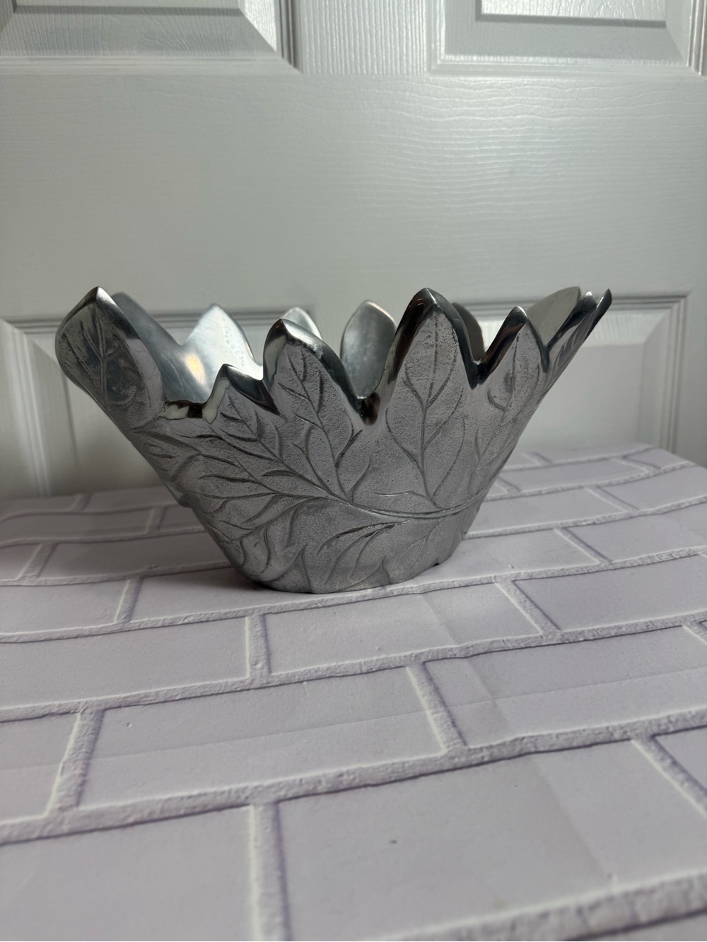 Pottery Barn Barona Silver Leaf Bowl Decorative Centerpiece 11” - Picture 10 of 13